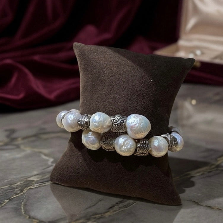 Owl silver and pearl bracelet